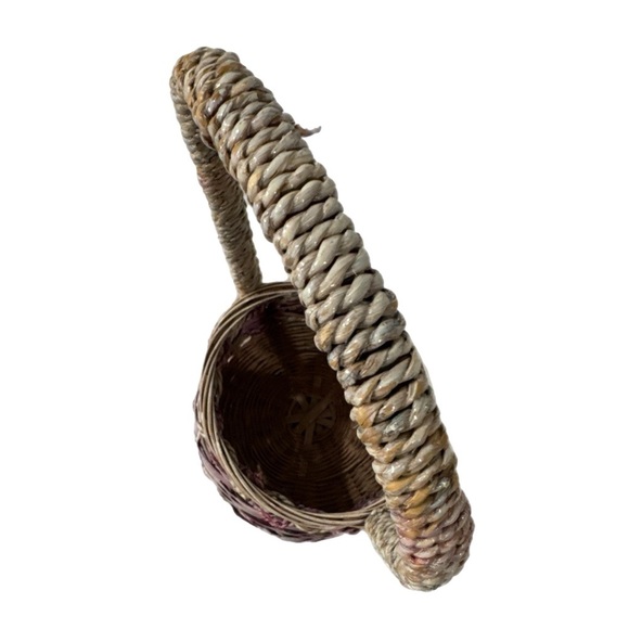 Vintage Basket Cottage House Tall Arched Handle Wicker Woven Twist Design 13x6” - Picture 9 of 11